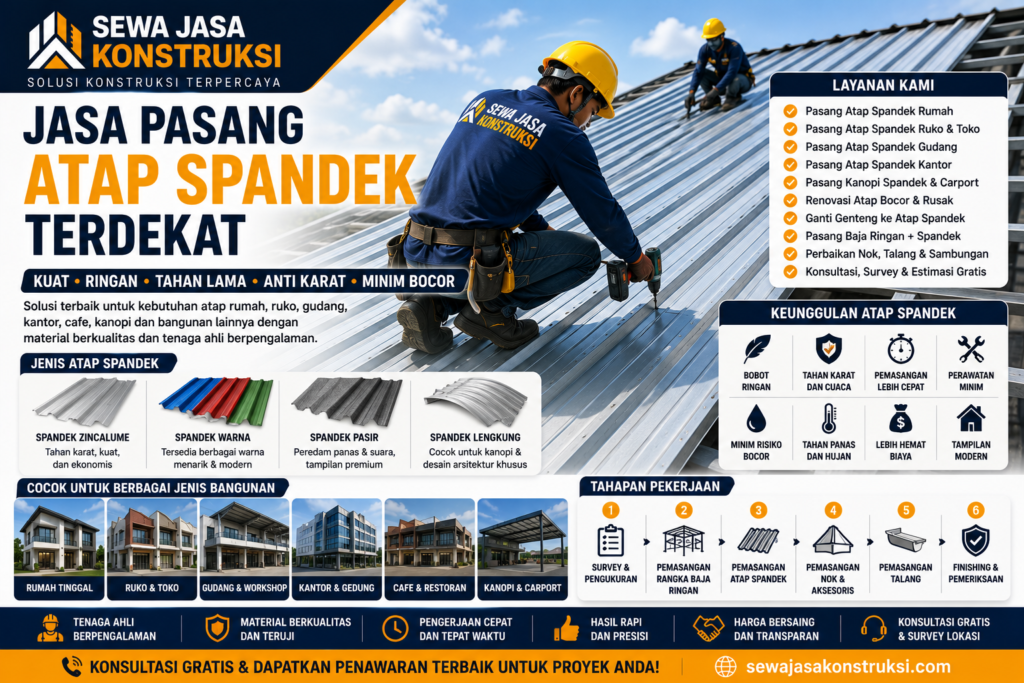 Jasa Pasang Atap Spandek Terdekat Profesional untuk Rumah, Ruko, Gudang & Bangunan Modern