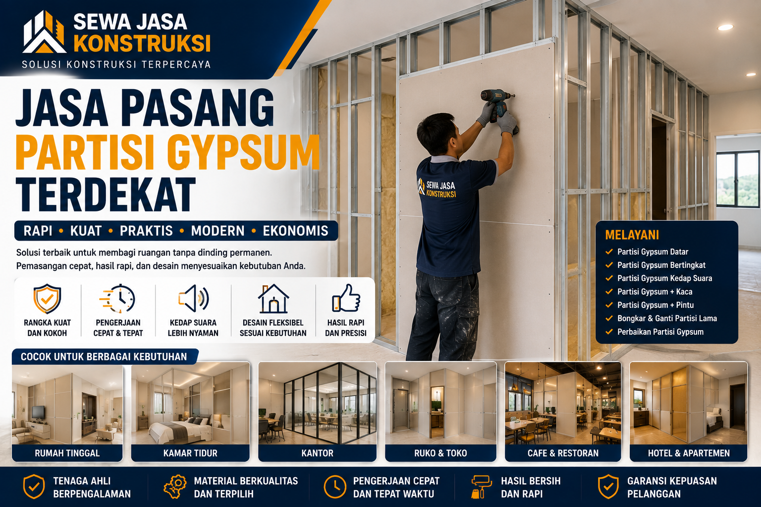 Jasa Pasang Partisi Gypsum Terdekat Profesional untuk Rumah, Kantor, Ruko & Bangunan Komersial