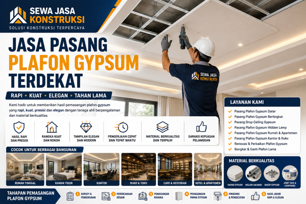 Jasa Pasang Plafon Gypsum Terdekat Profesional untuk Rumah, Kantor, Ruko & Bangunan Komersial