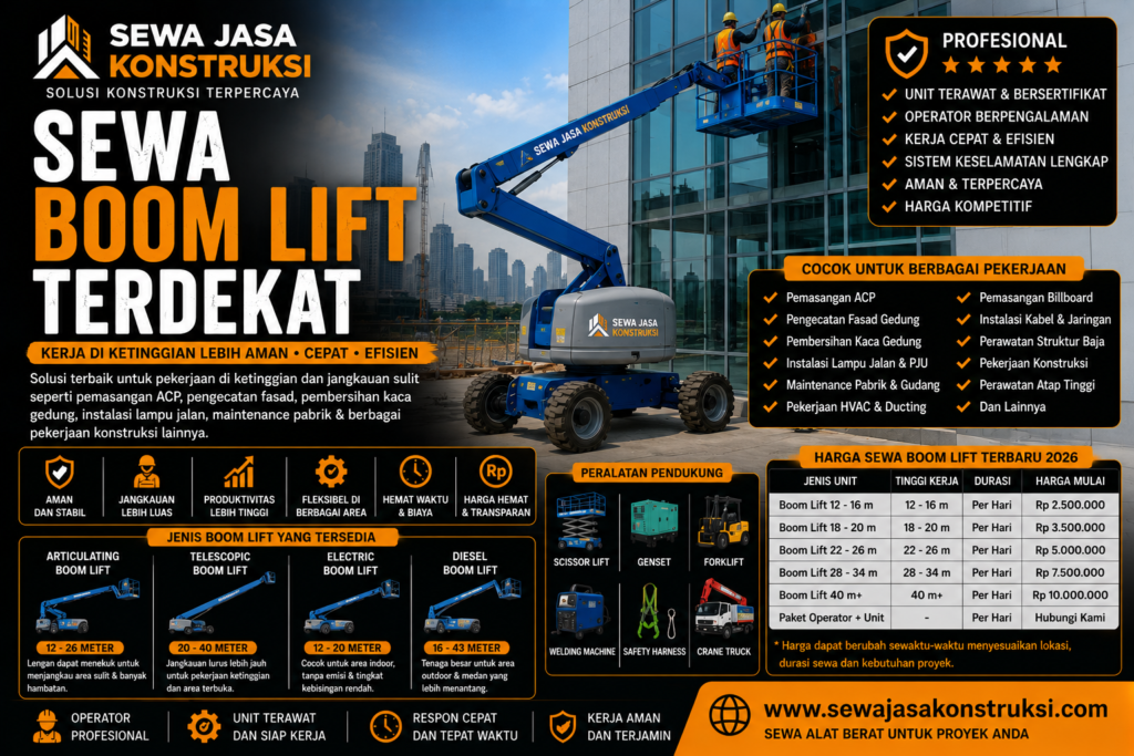 Sewa Boom Lift Terdekat Rental Boom Lift Profesional untuk Pekerjaan Ketinggian & Jangkauan Sulit