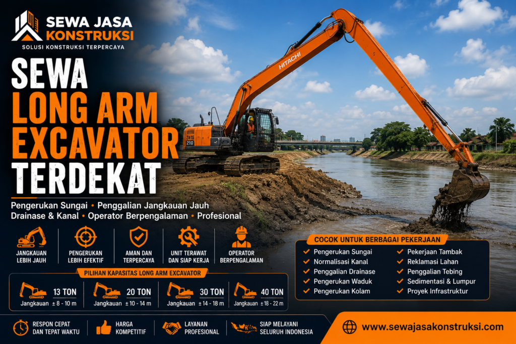 Sewa Long Arm Excavator Terdekat Rental Excavator Long Arm Profesional untuk Pengerukan Sungai, Drainase & Penggalian Jangkauan Jauh