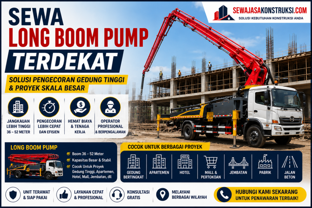 Sewa Long Boom Pump Terdekat – Solusi Pengecoran Gedung Tinggi & Proyek Skala Besar