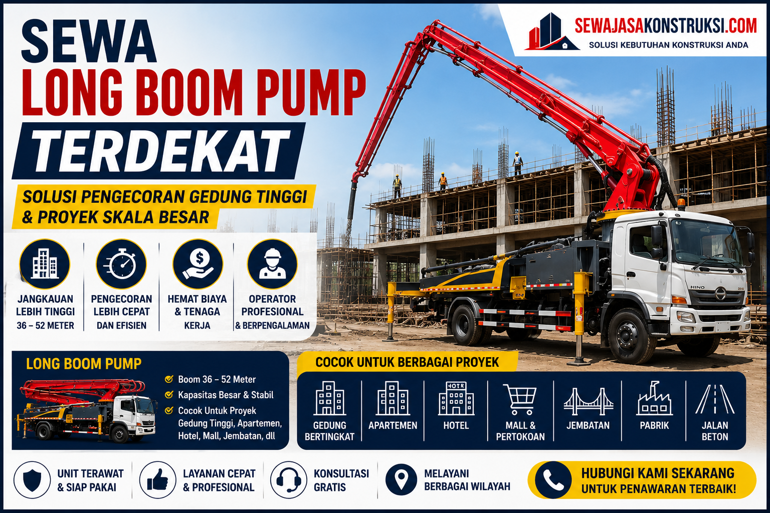 Sewa Long Boom Pump Terdekat – Solusi Pengecoran Gedung Tinggi & Proyek Skala Besar
