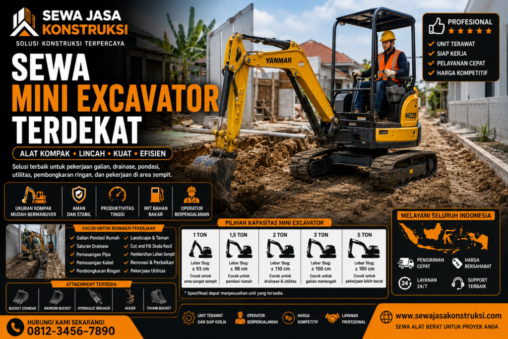 Sewa Mini Excavator Terdekat Rental Mini Excavator Profesional untuk Proyek Sempit & Area Terbatas