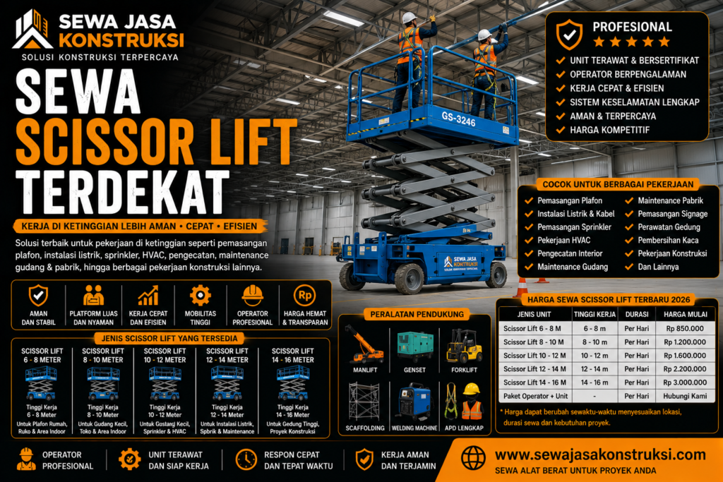 Sewa Scissor Lift Terdekat Rental Scissor Lift Profesional untuk Pekerjaan Ketinggian Aman & Efisien