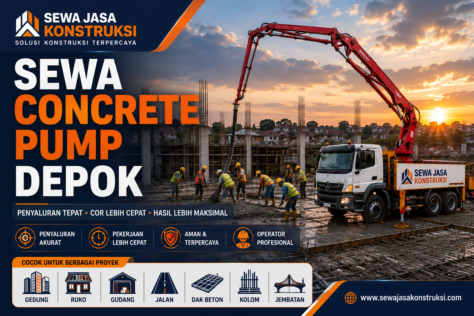 Sewa Concrete Pump Depok Terdekat 2026 | Mini, Standar, Long Boom, Moli, & Kodok